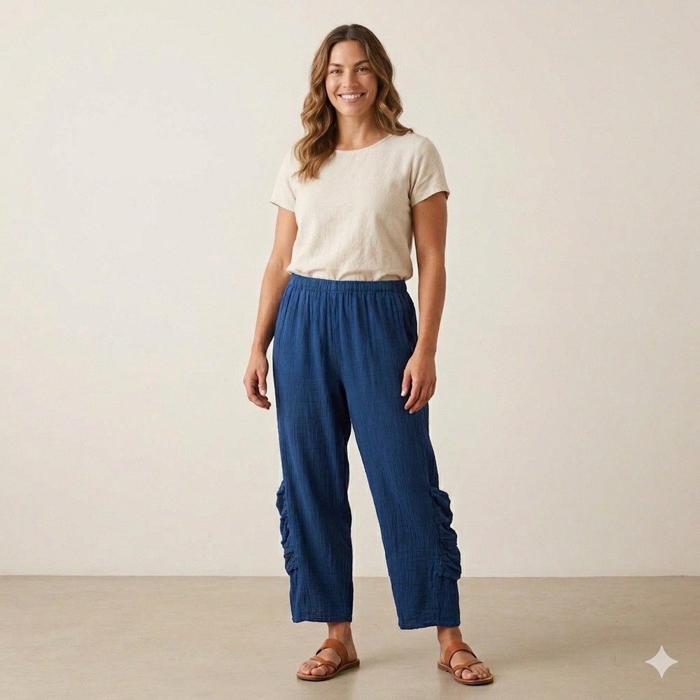 Oh My Gauze Cotton Pants Womens Large Blue Ruched Leg Boho Lagenlook Casual